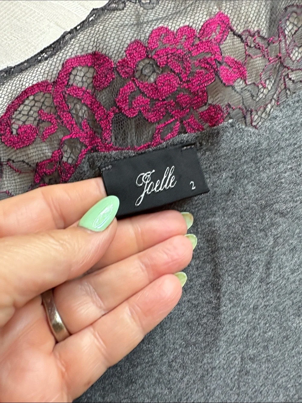 Joelle by La Perla Charcoal Lace-pink Trim Wrap Lounge Top tie side stretchy S